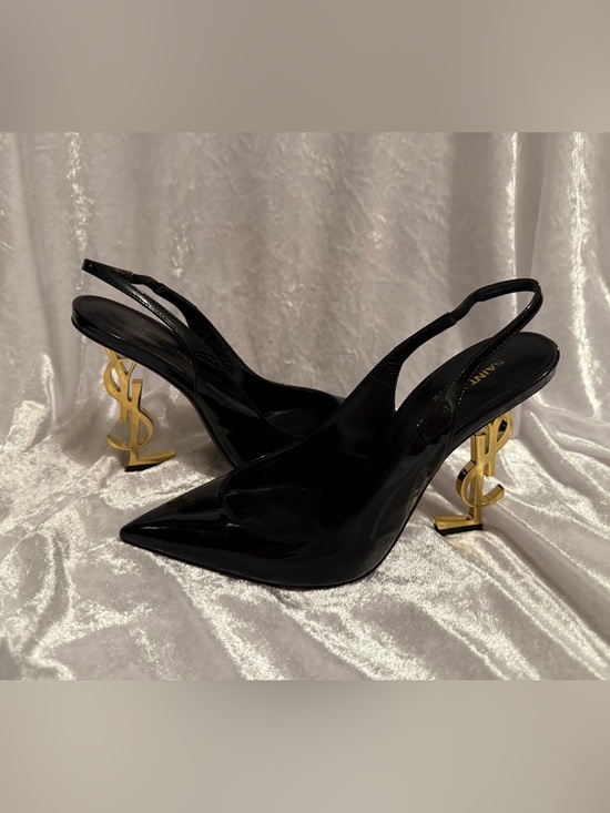 Saint Laurent Shoes - Saint Laurent Black Patent Opyum Slingback Heels with Gold Logo Heel